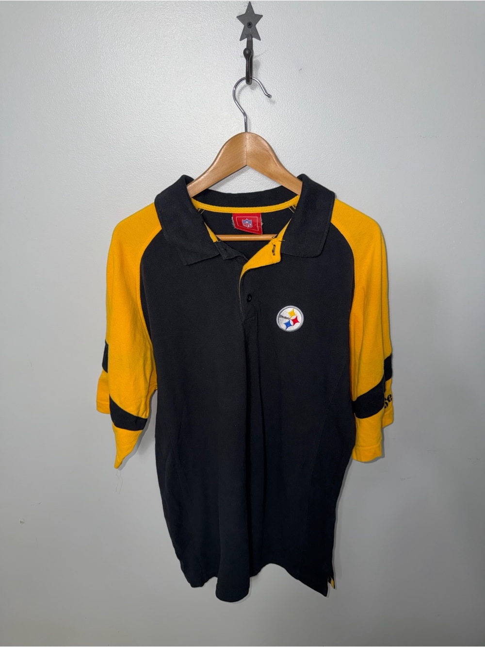 NFL Team Pittsburgh Steelers Black and Gold Raglan Polo Logo Patch